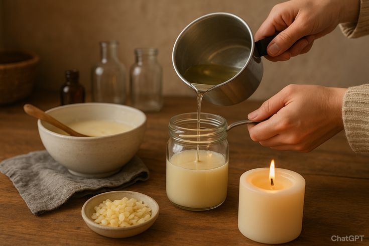 Person pouring liquid into a jar on a wooden table with a candle and other items.